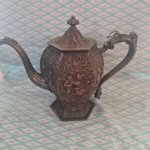 Barbour Silver Plate Company Tea Pitcher C. 1892, Ornate Old Dutch Life Scenes